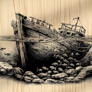 May include: Detailed black and white illustration of a sunken ship, half submerged in water. The artwork depicts the ship's hull and deck, with fish swimming around it. The background is a wood grain texture.