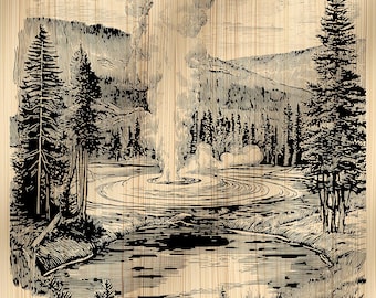 Yellowstone nationalpark PNG | Gejserutbrott | Trä- och lasergraveringsfil | CNC-filer | Cottagecore Decor | Digital nedladdning