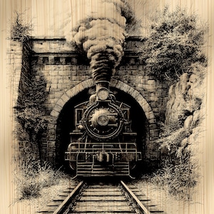 May include: A detailed black and white illustration of a vintage steam train emerging from a tunnel. The train is centered on the tracks, with a large plume of smoke billowing upwards. The tunnel is made of brick, and the background is a light wood grain.