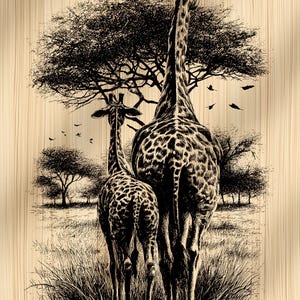 May include: Black and white illustration of two giraffes standing in a savanna landscape. The giraffes are depicted from the back, with detailed spots and long necks. Trees and birds are also visible.