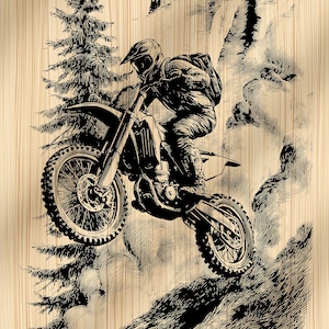May include: Monochrome illustration of a motocross rider on a dirt bike, mid-air, over a rocky landscape. The artwork is set against a light brown wood grain background, with a tall pine tree and mountain silhouettes.