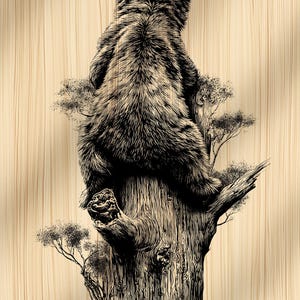 May include: A detailed black and white illustration of a bear cub perched on a tree trunk. The bear's fur is textured, and the tree's bark shows intricate details. Small trees surround the bear, set against a light brown wood grain background.