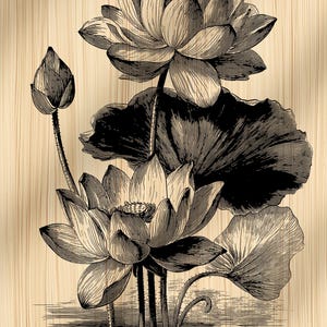 May include: Black and white botanical illustration of lotus flowers and leaves. The image features detailed line art of the flowers in various stages of bloom, set against a light wood grain background. The artwork evokes a vintage aesthetic.