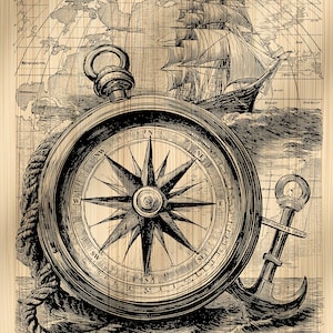 Puede incluir: Ilustración náutica de estilo antiguo con brújula, ancla y velero en el mar. Un mapa del mundo está en el fondo. La imagen es en blanco y negro con textura de vetas de madera.