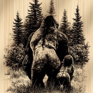 Op de afbeelding: Een sepia-illustratie van een gorilla en zijn jong in een bos. De volwassen gorilla staat met de rug naar de kijker, met de kleinere gorilla ervoor. Dennenbomen en hoog gras tegen een achtergrond van houtnerf.