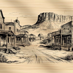 May include: Black and white illustration of a Western town scene. The image depicts a dusty road flanked by wooden buildings with porches, leading towards a large mesa in the background. The artwork is set against a wood grain background.