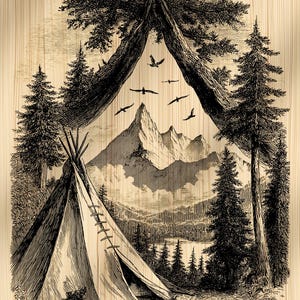 May include: A black and white illustration of a campsite scene. A teepee tent is in the foreground, with a mountain range and lake in the background. Birds fly in the sky, framed by trees. The artwork is on a wood grain background.