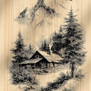 May include: Black and white illustration of a cabin nestled in a forest, with a mountain range in the background. The artwork is set against a light brown wood grain background, with birds flying overhead.