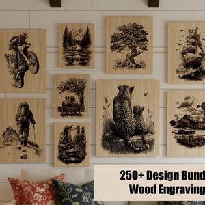 May include: A collection of nine rectangular wooden panels featuring black ink engravings of various scenes including a motorcycle, a forest, a tree, a ship, a hiker, a couple on a bench, leopards, and a farm. Text reads 250+ Design Bundle Wood Engraving.