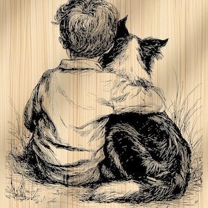 May include: A pen and ink illustration depicting a child and a dog in an embrace. The child's back is visible, with the dog nestled close. The artwork is set against a light wood grain background, creating a feeling of warmth and companionship.