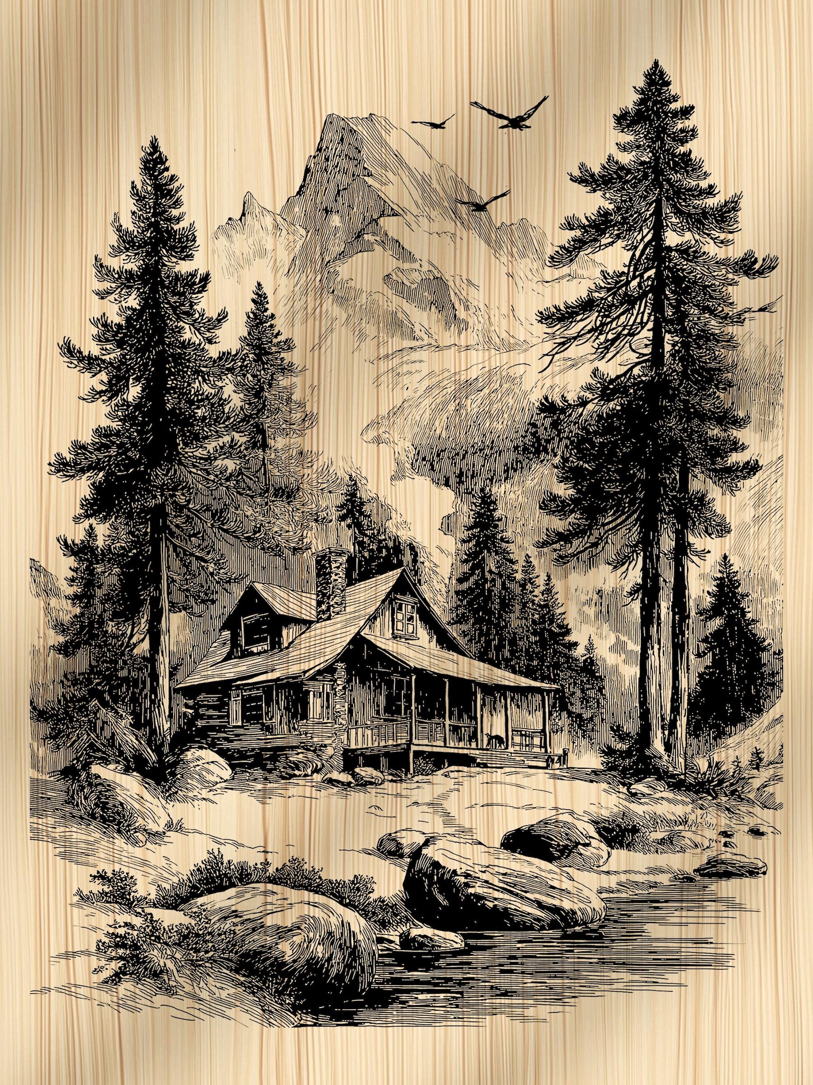 Mountain Cabin Laser Engraving File, Forest Landscape PNG for Wood ...