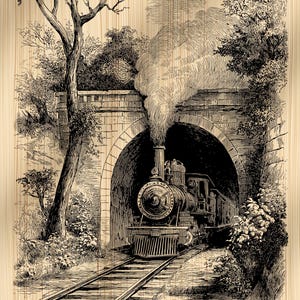 May include: Black and white illustration of a vintage steam train emerging from a tunnel. The train is on tracks, surrounded by trees and foliage. The image has a wood grain background.