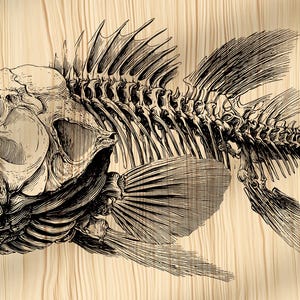 May include: Detailed black and white illustration of a fish skeleton. The artwork shows the skull with open jaws, spine, ribs, and fins. The background is a light brown wood grain.