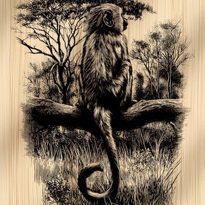 May include: Black and white illustration of a baboon sitting on a tree branch, with a detailed forest background. The baboon is facing away from the viewer, with its tail curled. The artwork is set against a light brown, wood-grain textured background.