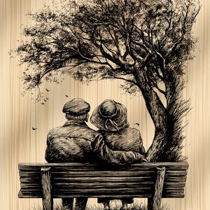 May include: A black and white illustration depicts an elderly couple seated on a park bench beneath a large tree. The detailed drawing style shows the couple embracing, with the tree's branches providing shade. The background has a wood grain texture.