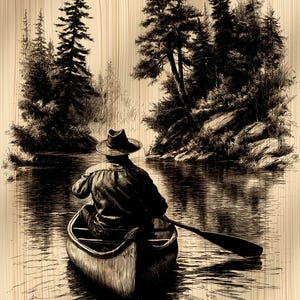 May include: Sepia-toned illustration of a person canoeing on a calm lake. The person is wearing a hat and paddling a canoe towards a forested shoreline. The artwork has a detailed, vintage style, with trees and reflections in the water.