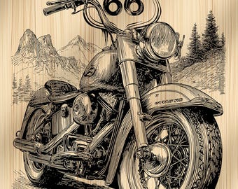 Motorcycle and Route 66 Laser Engraving File, Biker Road Trip PNG, Classic Chopper Art, Americana Decor, Slate Etch, Adventure Wall Art