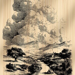 May include: Black and white landscape art print featuring a road winding through a valley, with a vintage car, trees, and mountains. A large cloud formation dominates the upper portion of the image, all set against a wood grain background.