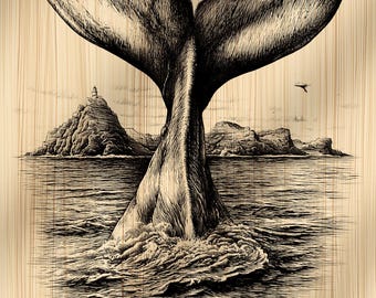 May include: A detailed black and white illustration of a whale's tail emerging from the ocean. The artwork features a textured appearance, with the tail's form and the water's movement rendered in intricate detail. The background shows a small island and a bird in flight.