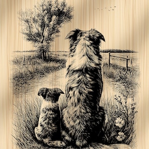 May include: A black and white illustration of two dogs sitting side-by-side, facing away from the viewer. The dogs are in a grassy area, with a tree, water, and a fence in the background. The image has a wood grain texture.