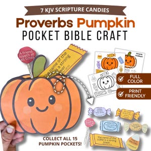 May include: A paper craft kit featuring a smiling orange pumpkin pocket with a green stem. The kit includes various candy-shaped paper cutouts printed with KJV scripture verses, such as Proverbs 18:10, and includes both full-colour and black-and-white printables.