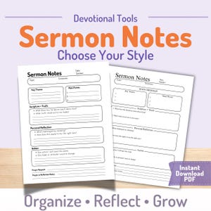May include: Two white Sermon Notes pages with a purple and orange header that reads "Sermon Notes". The pages have sections for topic, scriptures, key themes, main points, and personal reflection. The text "Instant Download PDF" is visible.
