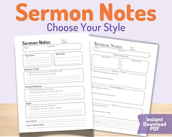 Predigt Notizen Printable | Notizen zum Bibelstudien | Christliche Devotionalie Planer Einsatz | Glaube Journal PDF