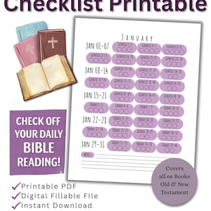 May include: A printable Bible in a Year reading checklist. The design features a January calendar with daily reading assignments, a stack of Bibles, and the text "Check Off Your Daily Bible Reading!" and "Covers all 66 Books Old & New Testament."