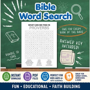 Op de afbeelding: Een Bijbel-woordzoekblad getiteld What Can We Find In Proverbs, met een letterraster, een lijst met te zoeken woorden en een antwoordsleutel. Het ontwerp bevat een groene schoolbordachtergrond met witte tekst en illustraties.