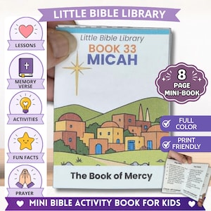 May include: A white 8-page mini-book titled Little Bible Library Book 33 Micah, featuring a gold star, a village illustration, and the text The Book of Mercy. The cover includes icons for lessons, memory verse, activities, fun facts, and prayer.