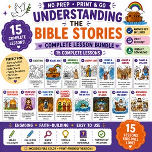 May include: A digital educational bundle titled Understanding the Bible Stories featuring 15 complete lessons. The graphic includes illustrations of Noah's Ark, Moses, and Jesus, with text detailing lesson titles, scripture references, and activity icons.