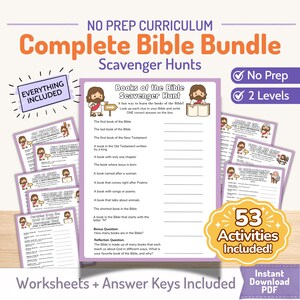 May include: A Complete Bible Bundle with scavenger hunts, worksheets, and answer keys. The image features a purple and white design with the text "Complete Bible Bundle" and "Scavenger Hunts". Includes 53 activities and is an instant PDF download.