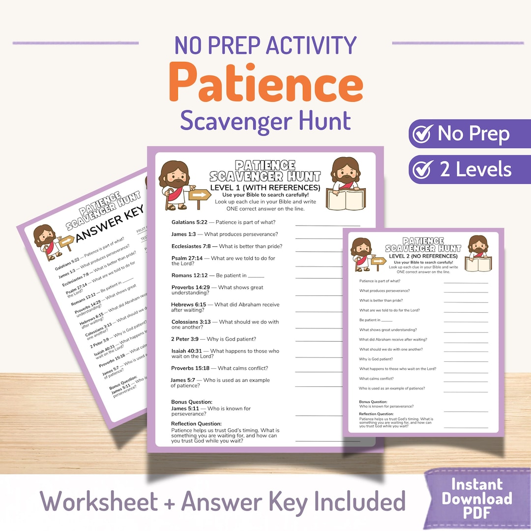 Patience Jb Patience Scavenger Hunt Printable | Kids Bible Activity (2 Levels: Easy ...