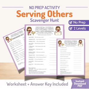 May include: A printable activity set titled "Serving Others Scavenger Hunt" with two levels and an answer key. The worksheets feature Bible verses and questions, with the text "No Prep" and "2 Levels" in the upper right corner. The set is available as an instant PDF download.