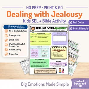 Puede incluir: Una colorida hoja de actividades imprimible para niños, titulada "Dealing with Jealousy", con ejercicios basados en la Biblia. Incluye una búsqueda del tesoro, indicaciones de dibujo y secciones para completar. La hoja está diseñada para ayudar a los niños a comprender y gestionar sus emociones.