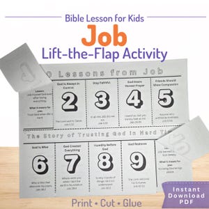May include: A white paper lift-the-flap activity sheet titled Bible Lesson for Kids Job. The sheet features numbered sections from 1 to 10 with text lessons, scripture references, and prompts about trusting God during difficult times in life.