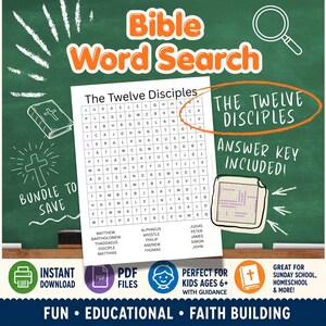 May include: A Bible Word Search activity sheet titled The Twelve Disciples featuring a grid of letters, a list of names, and an answer key. The design includes illustrations of a Bible and a magnifying glass on a green chalkboard background.