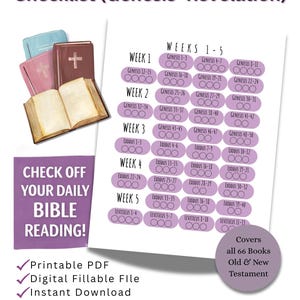 May include: A printable Bible reading checklist with a one-year reading plan, featuring a purple and white design. The checklist includes weekly reading assignments from Genesis to Revelation, with a graphic of open books and a cross.