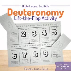 Puede incluir: Una actividad bíblica en papel blanco para niños titulada Deuteronomy Lift-the-Flap Activity. La hoja presenta solapas numeradas del 2 al 9 con texto que incluye Love God Fully, Teach About God, Obey God, Choose Life, God Leads You y más.