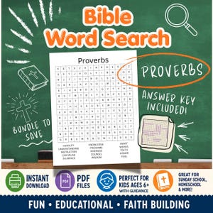 Op de afbeelding: Een Bijbel-woordzoekblad getiteld Proverbs met een raster van letters, een lijst met woorden om te zoeken en een antwoordsleutel. Het blad bevat illustraties van een Bijbel en een vergrootglas op een groene schoolbordachtergrond met tekst.