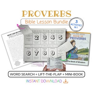 Può includere: Un pacchetto di lezioni bibliche sui Proverbi che include un cruciverba, un foglio di attività con alette e lezioni numerate, e un mini-libro intitolato Little Bible Library Book 20 Proverbs The Book of Wisdom con l'illustrazione di una corona.