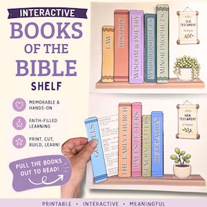 May include: An interactive Bible shelf with colorful book cutouts. The shelf includes books labeled Law, History, Wisdom & Poetry, Major Prophets, and Minor Prophets. The image also shows a hand pulling out a book labeled Gospels. The text says "Print, Cut, Build, Learn!"