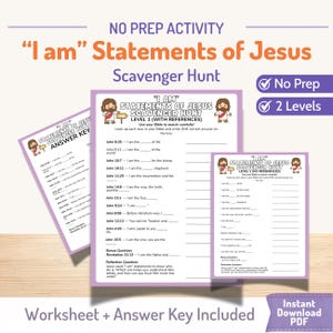 Puede incluir: Una hoja de trabajo imprimible púrpura y blanca titulada "Yo soy" Declaraciones de Jesús Búsqueda del tesoro" con dos niveles. La hoja de trabajo incluye preguntas para completar y una pregunta de reflexión. La imagen también incluye una clave de respuestas.