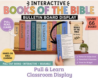 May include: An interactive "Books of the Bible" bulletin board display. The display features colorful book spines labeled with different sections of the Bible. The text "Pull & Learn Classroom Display" is at the bottom. The display covers 66 books.