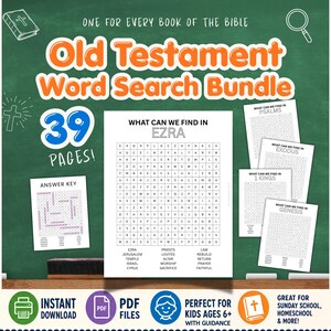 Könnte beinhalten: Ein 39-seitiges Wortsuchrätsel-Paket zum Alten Testament mit druckbaren Arbeitsblättern. Die Hauptseite zeigt ein Gitter mit dem Titel What Can We Find In Ezra und einer Wortliste. Weitere Seiten enthalten Wortsuchrätsel für Psalmen, Exodus, 1. Könige und Genesis sowie einen Lösungsschlüssel. Das Design umfasst einen grünen Tafelhintergrund mit weißem Text und Symbolen.