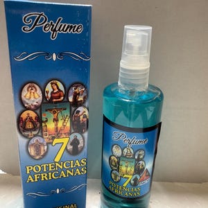May include: A blue perfume bottle and matching box. The bottle contains a turquoise liquid and has a clear spray nozzle. The box and bottle feature the word "Perfume" in script and the text "7 Potencias Africanas". The box also states "El Original 3.3 FL / 100 ML Natural Spray".