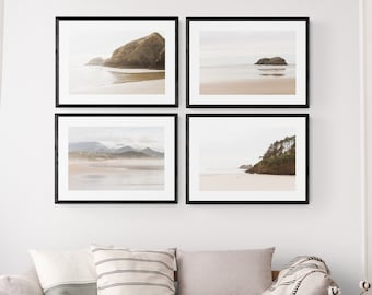 Oregon Coast Photography Prints Set: Minimalist Beige Beach Landscape Wall Art