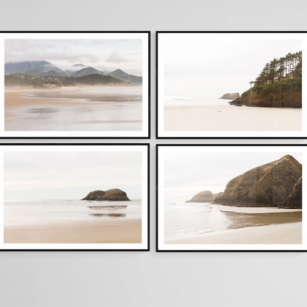 Oregon Coast Photography Set of 4 Landscape Prints Collection, Minimalist Nature Beige Coastal Beach Photography Prints Wall Art