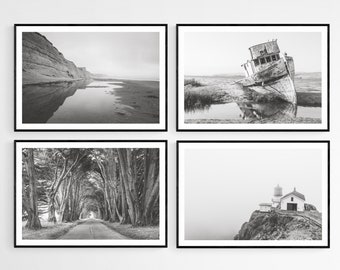 Point Reyes Photography Set of 4 Black and White California Coast Unframed Prints Collection, Pacific Ocean Landscape Photo Wall Art