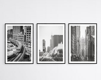 Chicago Set of 3 Black and White Photography Prints, Urban Gallery Wall Art